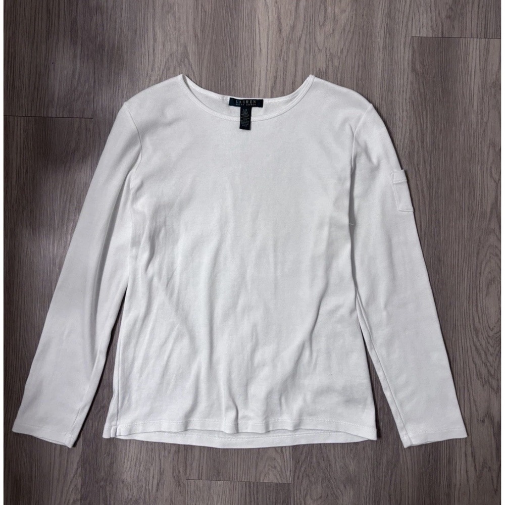 Lauren Ralph Lauren Women's White Shirt Long Sleeve Top L, Pocket, Embroidered
